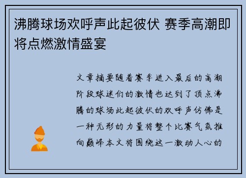 沸腾球场欢呼声此起彼伏 赛季高潮即将点燃激情盛宴