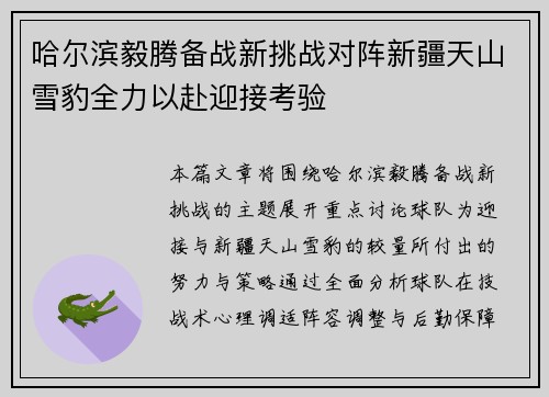 哈尔滨毅腾备战新挑战对阵新疆天山雪豹全力以赴迎接考验