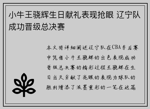 小牛王骁辉生日献礼表现抢眼 辽宁队成功晋级总决赛
