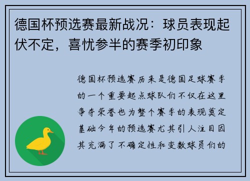 德国杯预选赛最新战况：球员表现起伏不定，喜忧参半的赛季初印象
