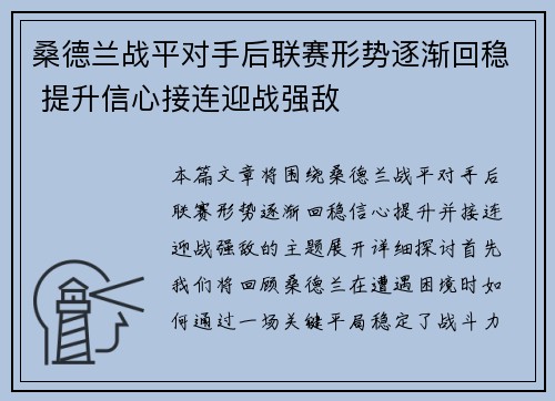 桑德兰战平对手后联赛形势逐渐回稳 提升信心接连迎战强敌