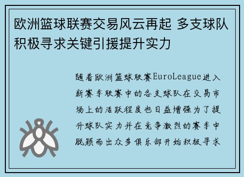 欧洲篮球联赛交易风云再起 多支球队积极寻求关键引援提升实力