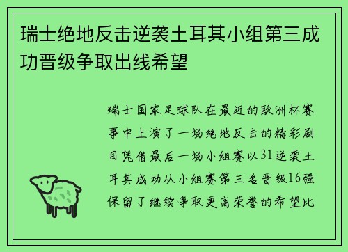 瑞士绝地反击逆袭土耳其小组第三成功晋级争取出线希望