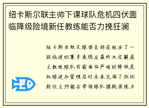 纽卡斯尔联主帅下课球队危机四伏面临降级险境新任教练能否力挽狂澜